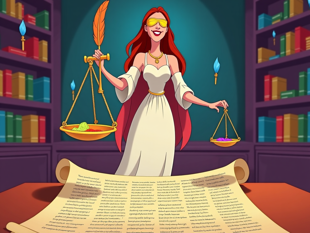 Lady Justice in an artistic rendering, holding a pen instead of a sword, over an expansive document roll with her scales beside her filled with ink, visualizing justice through the power of words.