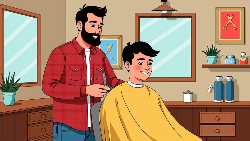  a barber cutting a young man's hair in a barbershop. The barber is standing behind the barber, holding a pair of scissors and a comb. The young man is sitting in a chair with a yellow cape draped over his shoulders. He is smiling and appears to be enjoying the process. The background of the image shows the interior of the salon, with a large mirror and various hair products on the countertop. There are also potted plants and a framed picture hanging on the wall.