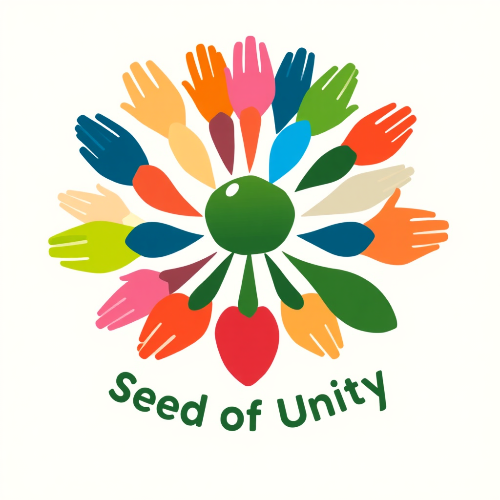 Seed of Unity: A central seed or bud form from which diverse, colorful 'petals' or 'leaves' (subtly suggesting hands or connecting elements) unfurl. This concept represents organic blooming, inherent diversity, and a celebratory unfolding from a common origin, fitting the 'Hand-in-Hand: Organic Celebration' theme for WorldPride 2025.