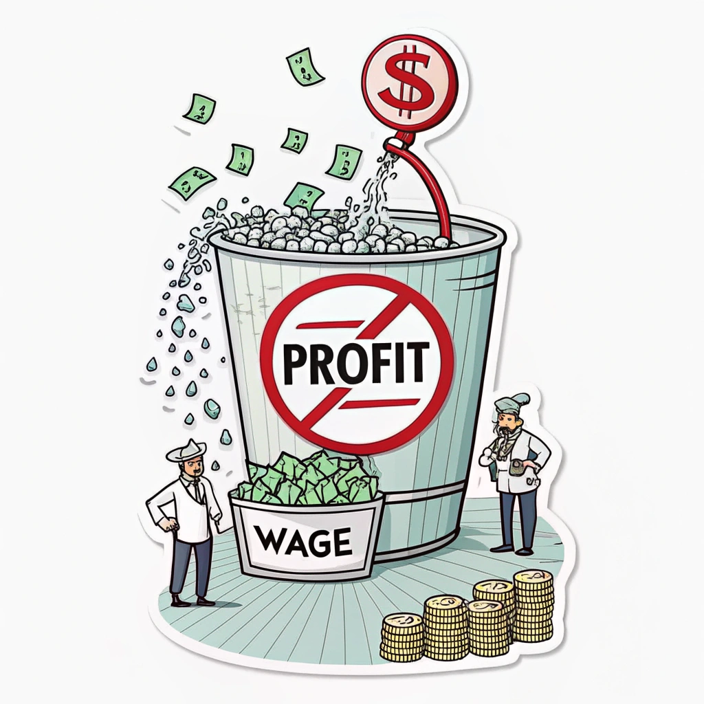 Sub-Design 5: A simple graphic comparing a large, overflowing 'Profit' container fed by many small 'Wage' streams from below, with a red prohibition symbol over the top container.