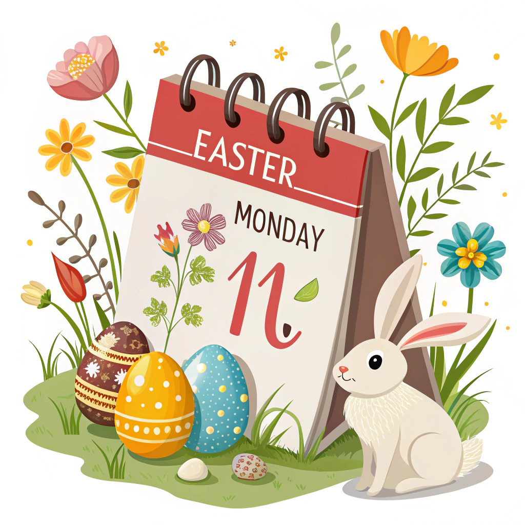 Develop a sticker featuring a calendar icon highlighting Easter Monday with festive decorations, marking it as a special day of post-Easter enjoyment.