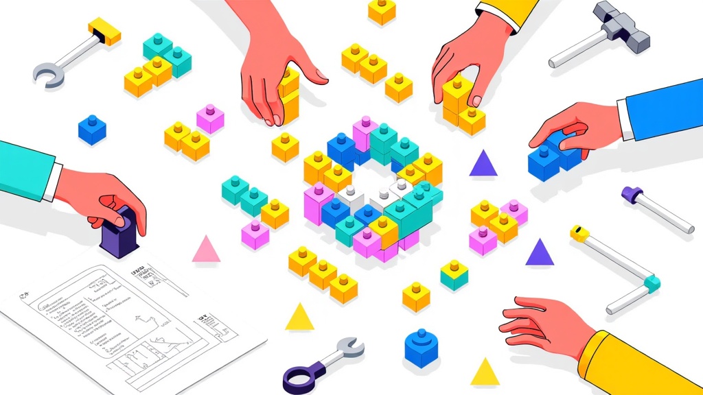 Sub-design Idea 1 ('Modular & Constructive Theme'): Illustrate concepts using building blocks, geometric primitives, or puzzle pieces. Iconography could feature stacked blocks, connecting components, blueprints, or tech-stylized tools (e.g., hammers, wrenches). Spot illustrations might depict the assembly of abstract tech structures, code forming tangible objects, or diverse hands collaboratively building. This theme would use a clean, modern aesthetic with Microsoft's color palette.
