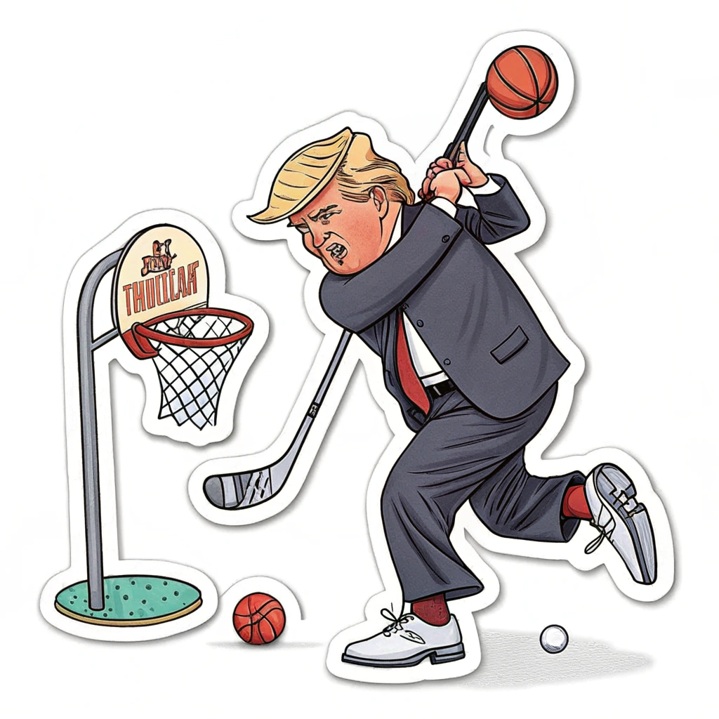 A sticker showing Trump playing a comical sport, like trying to play golf with oversized clubs, or attempting basketball with a tiny hoop.