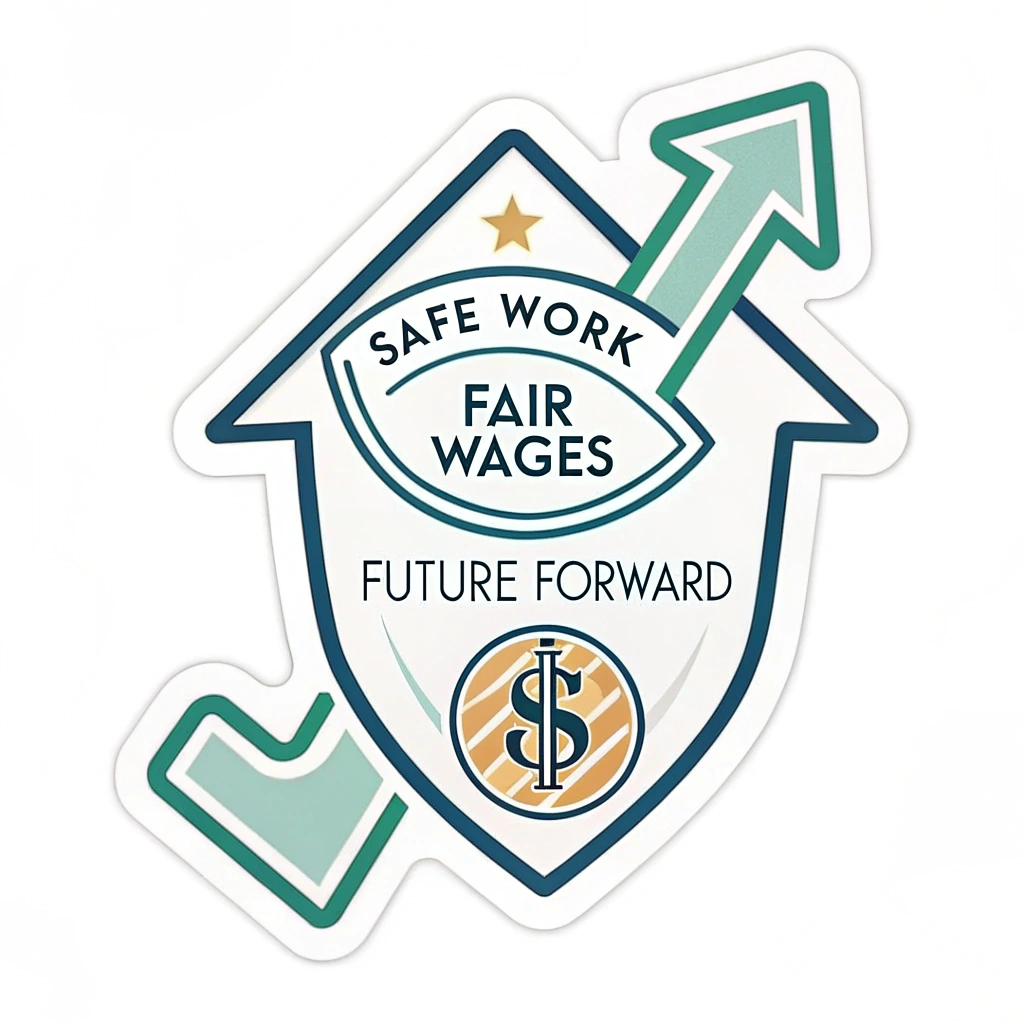 Simple Icon Idea: A unified icon showing a shield (Safe Work) encasing an upward arrow (Future Forward) that starts from a coin symbol (Fair Wages at its base).
