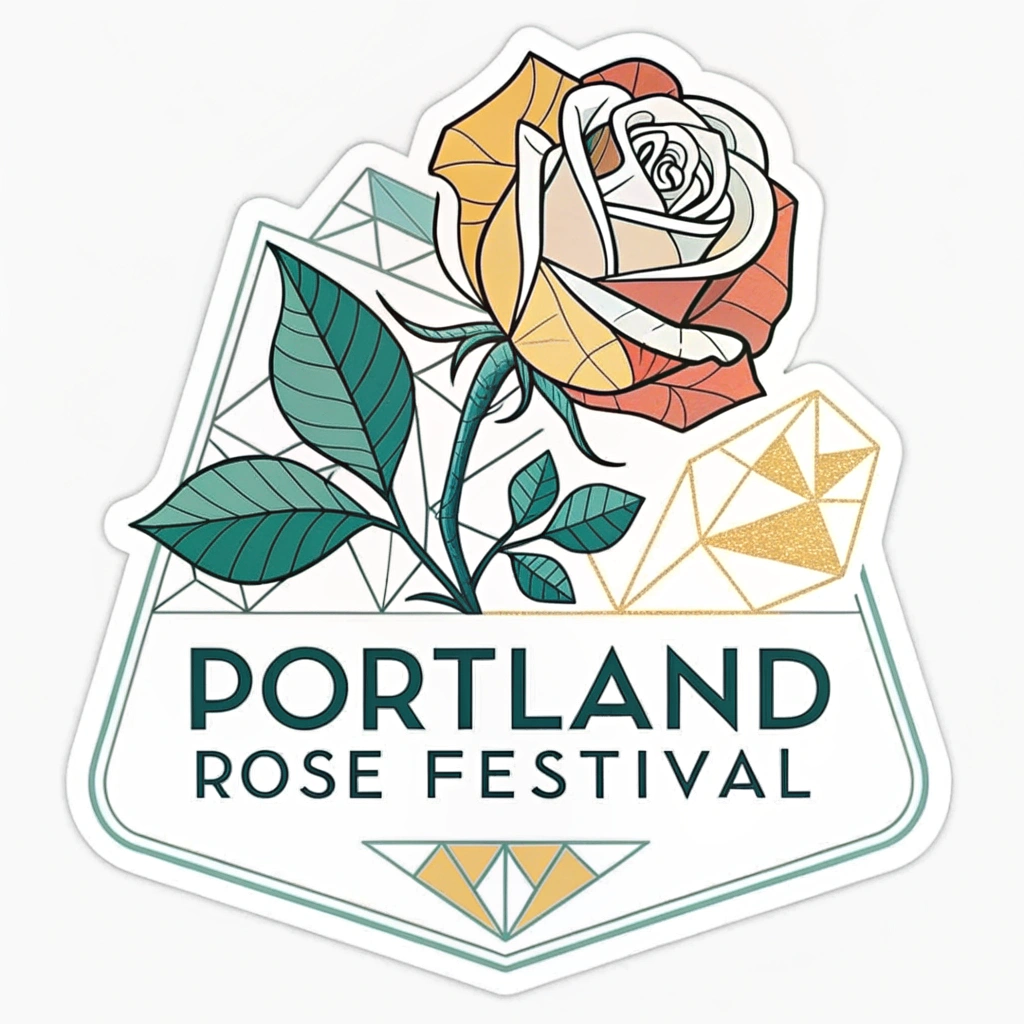 Mid-Century Modern Rose Emblem Sticker: A minimalist design featuring a geometrically abstracted rose, using a characteristic 1950s-60s color palette (e.g., teal, mustard yellow, terracotta) and clean sans-serif typography for 'Portland Rose Festival'.