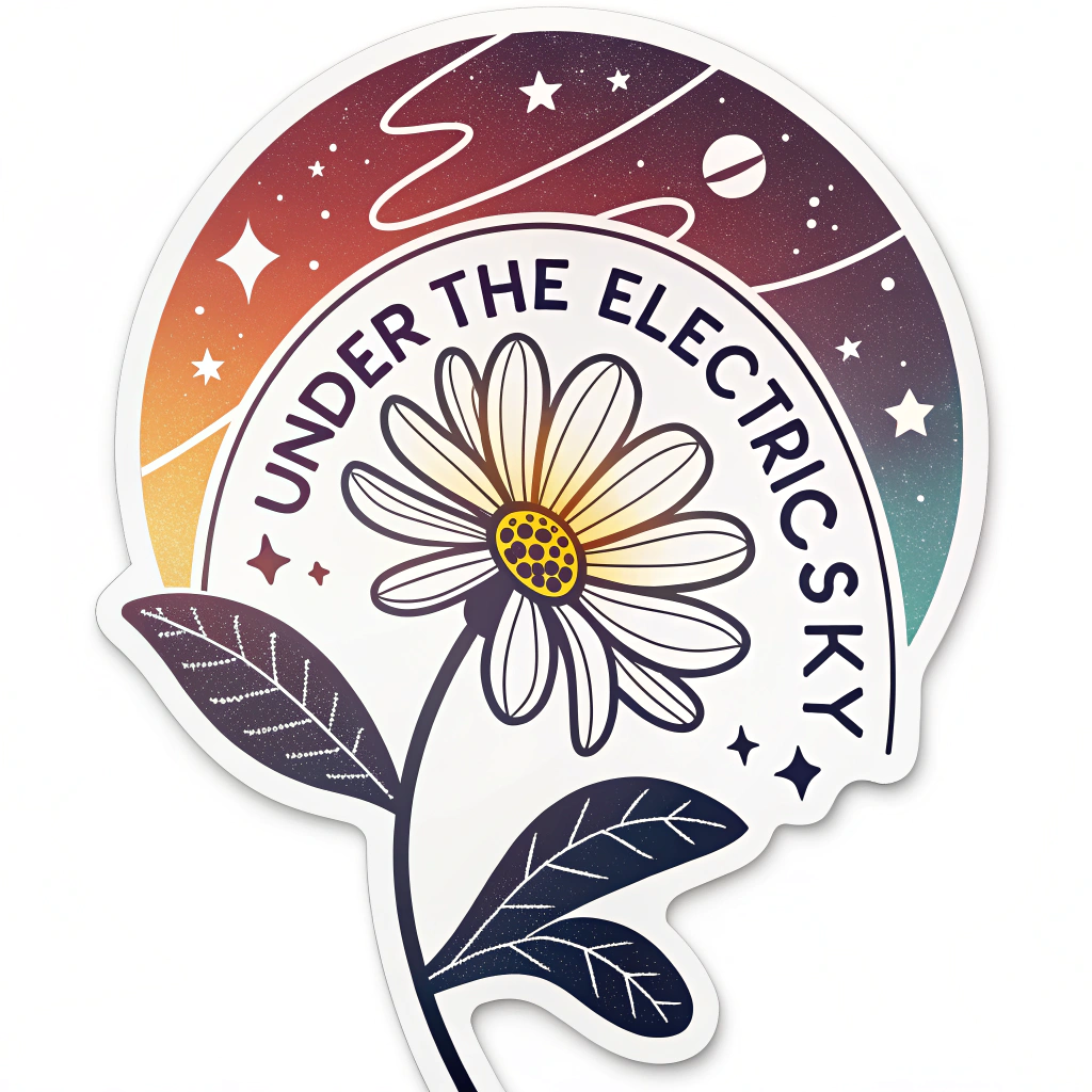 A sticker design centered around a bold, abstract icon representing the 'electric sky' – perhaps a stylized glowing daisy whose petals transition into electric current patterns under a starry arc. The 'Under the Electric Sky' text is wrapped around or below this central iconic graphic.