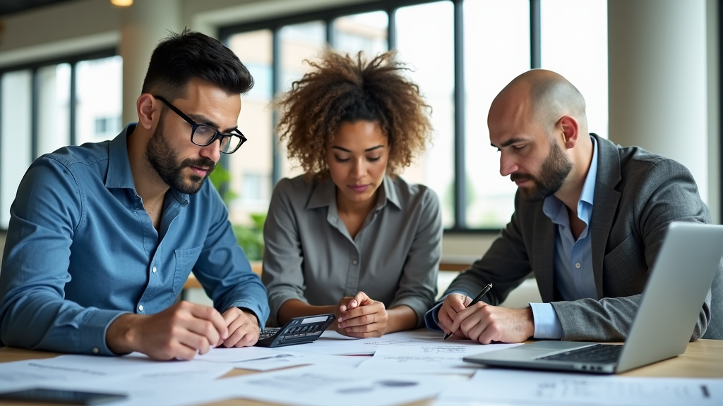 The department's financial operations team calculating annual budget allocations, working intently over documents in a bright office environment.