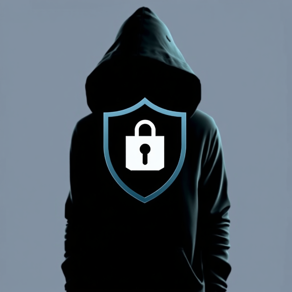 Fading Silhouette with Shield Overlay: A classic hooded figure silhouette, partially transparent or dissolving, with a solid, prominent security shield icon superimposed over its chest, signifying protection has overcome the threat.