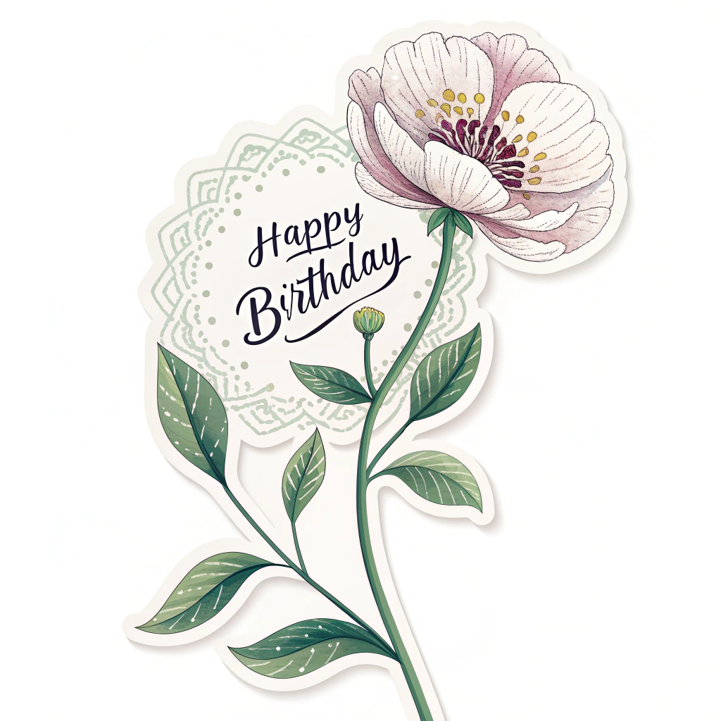 A floral-themed sticker design featuring a single, stylized flower with the words 'Happy Birthday' elegantly incorporated into the flower's stem or petals.