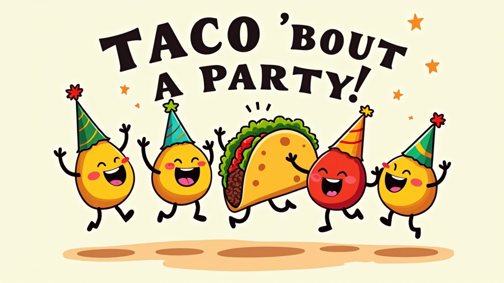 An artistic 'deconstructed taco' theme where individual taco ingredients (e.g., tortilla, ground beef, lettuce, tomato, cheese, salsa) are drawn as cute characters with party hats, joyfully 'jumping' together to form a taco, under the 'Taco 'Bout a Party!' slogan.