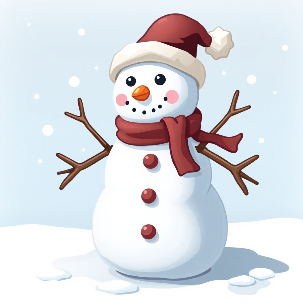 The image shows a snowman wearing a red hat and scarf, standing in the snow with a blue background. The snowman is animated, giving it a lively and cheerful look.