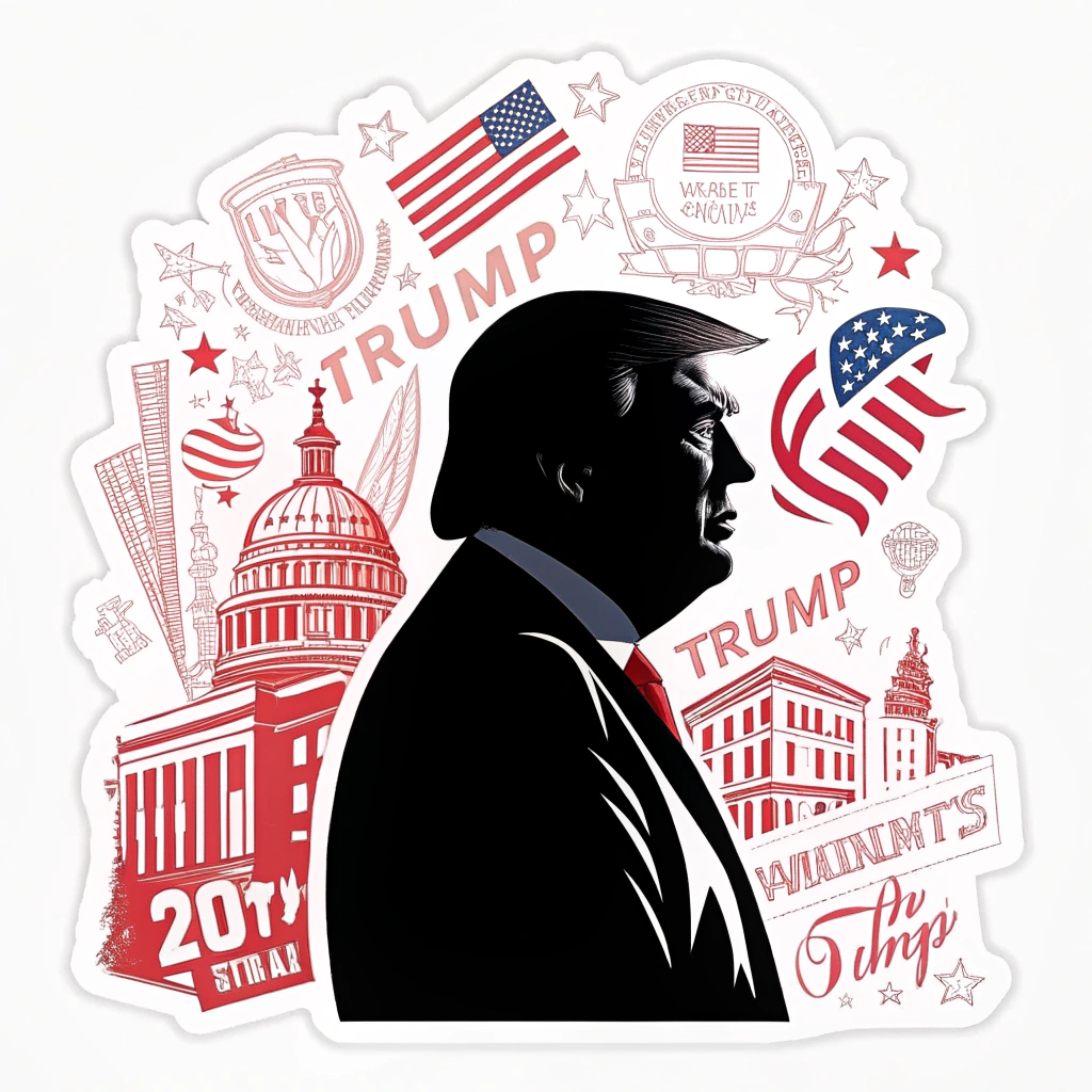 A graphic sticker that combines the iconic silhouette of Trump with a background collage of symbols representing his presidency, like buildings or slogans.