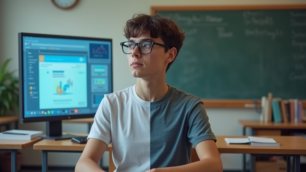 Create a split image: one half shows a student interacting through a screen (webcam view, digital tools), the other half shows the same student sitting at a desk in a physical classroom setting. A subtle merging effect in the middle.