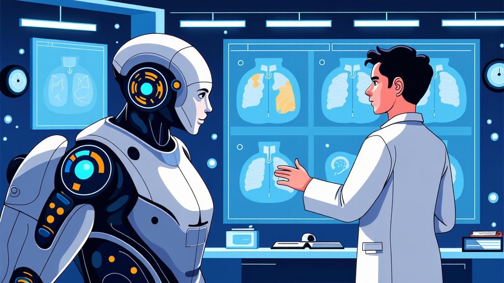 A futuristic medical bay where an AI assistant helps a human doctor analyze complex medical scans on a large transparent screen, highlighting areas of concern for the patient.