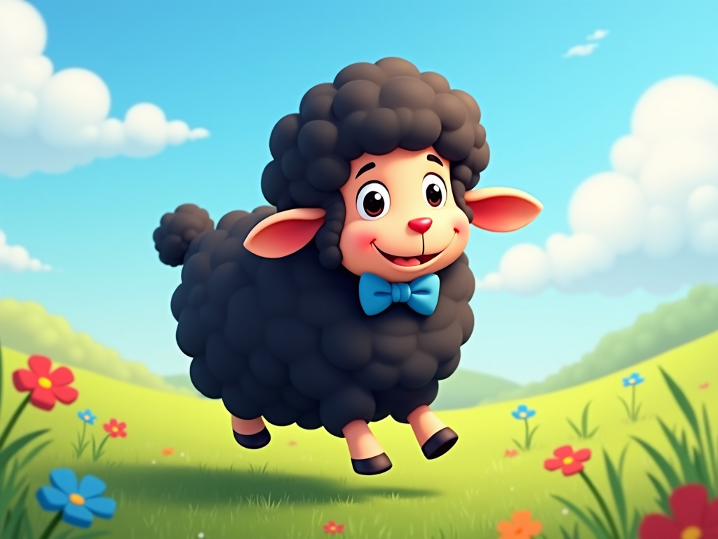 The image shows a cartoon black sheep with a blue bow tie running through a field of flowers and plants, with a bright blue sky and fluffy white clouds in the background.