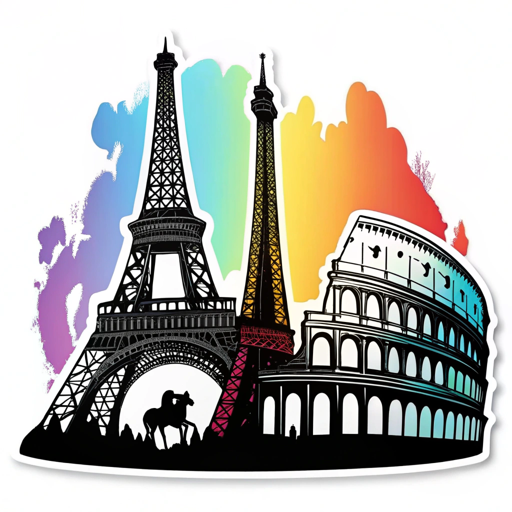 Silhouette of famous European landmarks (Eiffel Tower, Colosseum, etc.) with rainbow highlights.