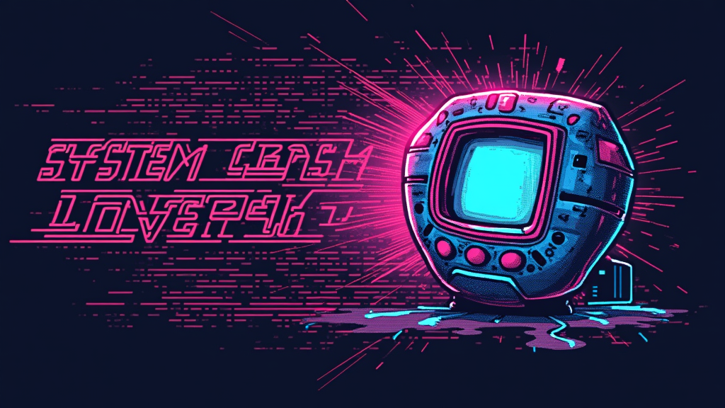 Cyberpet Evolution Glitch: A pixelated cyberpet (e.g., Tamagotchi-style) appearing to glitch or 'evolve' into a more abstract Y2K digital form. Incorporate scanlines, vibrant neon pinks and blues, and pixelated artifacts. Text element: 'System_Crash_Love.exe'.