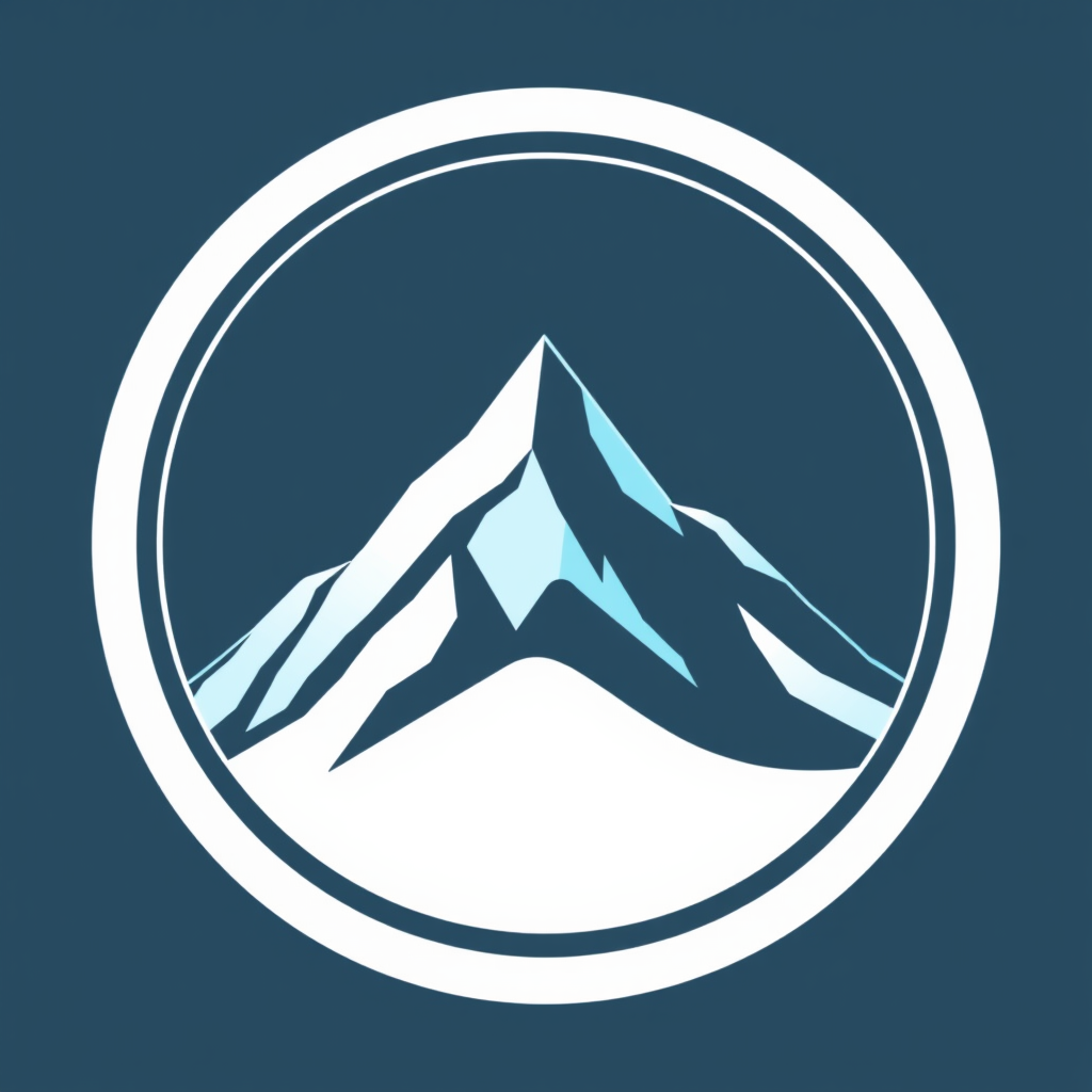 A circular icon encasing a snowy mountain crest, with the snow emphasized with a light blue or white.