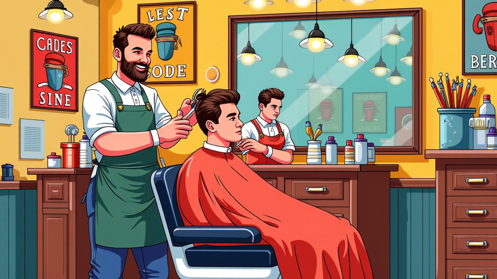 The image is an illustration of a barber shop. The barber is standing behind the barber, holding a pair of scissors and a comb. He is wearing a green apron and has a beard and mustache. The client is sitting in a blue barber chair with a red cape draped over his shoulders. The background of the image shows a counter with various barber tools and supplies. There is a large mirror on the wall and a sign that reads Lest Code above the counter. The overall color scheme of the illustration is bright and cheerful.