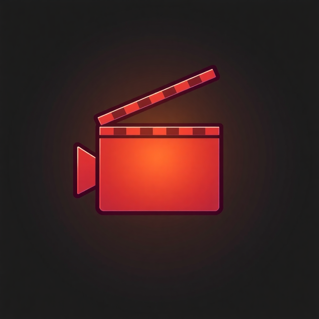 The image shows a red clapboard icon on a black background, representing a movie camera.