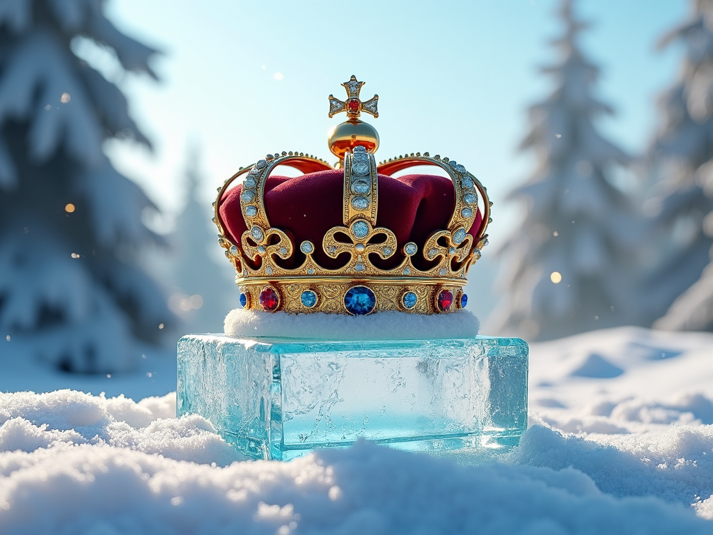 A magnificent crown resting on an ice pedestal within a winter wonderland scenery, emphasizing majesty in a cold embrace.