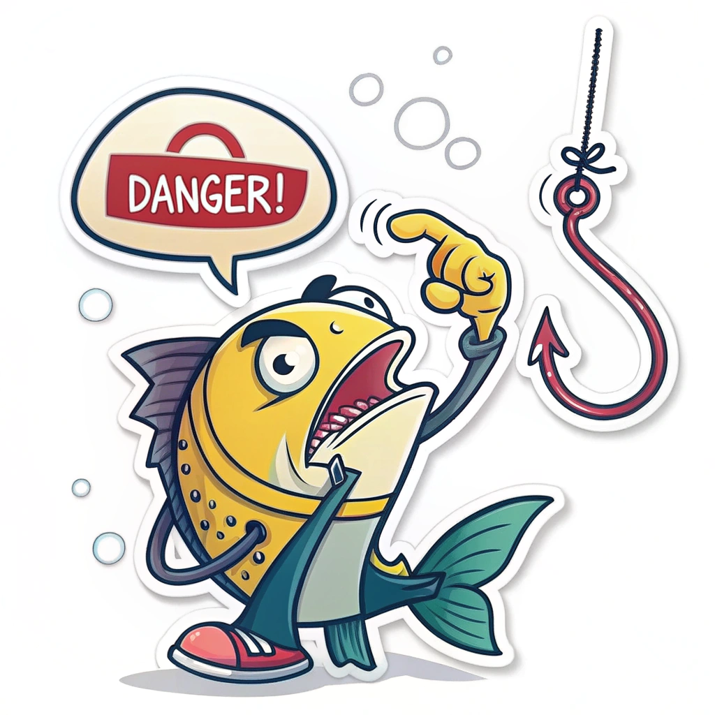 Alert Fish: A stylized fish character looking alarmed and pointing towards a fishing hook with a warning speech bubble. Text example: 'Danger! Phishing!'