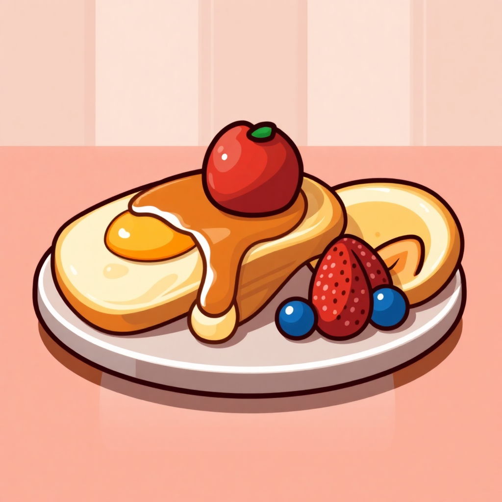 The image is an illustration of a plate of pancakes. The pancakes are golden brown and appear to be freshly cooked. On top of the pancakes, there is a generous amount of syrup dripping down the sides. On the plate, there are two strawberries and two blueberries. The plate is white and round, and the background is a light pink color. The overall style of the illustration is cartoon-like.