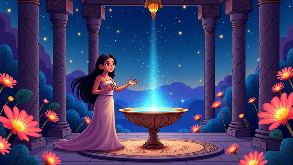 An illustration titled 'Scheherazade's Starlit Sanctuary': Scheherazade is in a serene, intimate setting such as a desert oasis pavilion under a canopy of stars, or a hidden palace courtyard garden at night. The focus is on her expressive face and hands as she narrates. The starlight bathes the scene in a cool, mystical glow, interacting with subtle magical elements in the environment—perhaps patterns on a fountain’s water reflecting the constellations, or exotic flowers that seem to emit a soft luminescence.