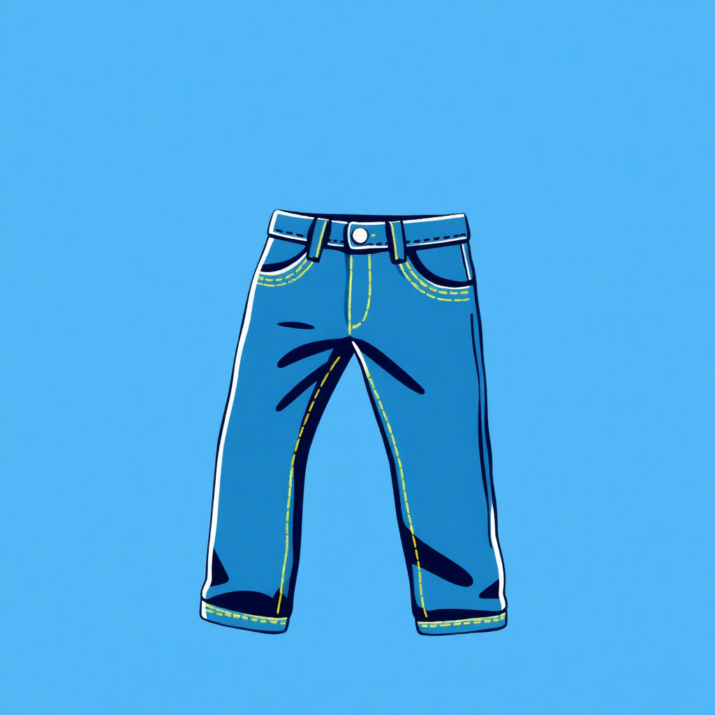 The image is a digital illustration of a pair of blue jeans. The jeans are drawn in a simple, cartoon-like style with a blue background. The front of the jeans has a belt with a silver buckle and two pockets on the sides. The waistband has a small pocket on the left side and the legs are slightly tapered at the ankles. The pants have a straight leg fit and appear to be made of a denim-like material. The image has a simple and minimalistic design.