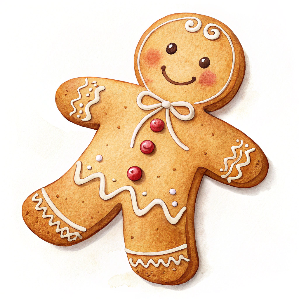 The image shows a watercolor painting of a gingerbread man on a white background. The gingerbread is decorated with colorful icing and sprinkles, giving it a festive look.