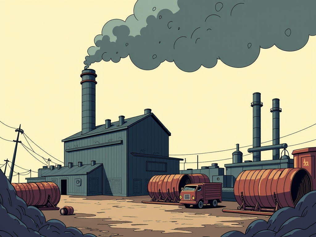 The image is an illustration of an industrial area with a large factory in the background. The factory has multiple tall chimneys with black smoke billowing out of them. The sky is a pale yellow color and the ground is covered in dirt and rocks. In front of the factory, there are several large red barrels stacked on top of each other. A red truck is parked in the foreground. The overall mood of the image is bleak and desolate.