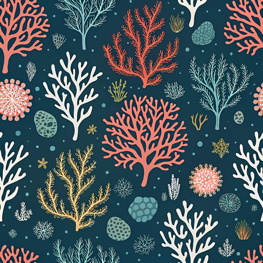 Digitally generated patterns using computational tools like cellular automata or reaction-diffusion algorithms to simulate natural biological growth processes (e.g., coral structures, lichen formations) for application on various media.