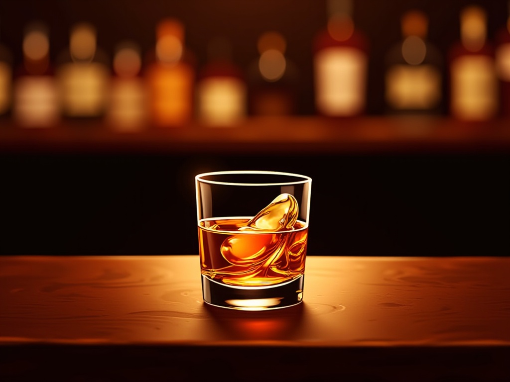 The image is a close-up of a glass of whiskey on a wooden bar counter. The glass is filled with a golden-brown liquid and has a single ice cube floating in it. The background is blurred, but it appears to be a bar with rows of bottles of alcohol on the shelves. The overall mood of the image is dark and moody.