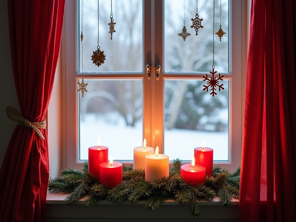 A window sill adorned with a simple yet striking holiday decor of red and white candles, small boughs of spruce, and snowflake ornaments hanging from the curtain rod, bringing the outdoor snowy scene inside.