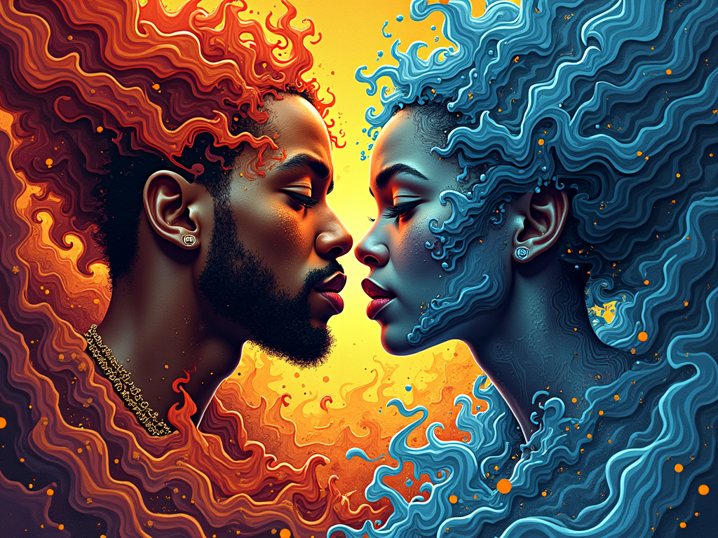 Abstract Elemental Soundscape: A design featuring abstract representations of elements (e.g., fire-like textures for Kendrick's intensity, water-like flows for SZA's vocals) that visually interact and blend. Their names could be subtly embedded within these elemental forms, with 'A Dynamic Duo Tee' as a tagline.