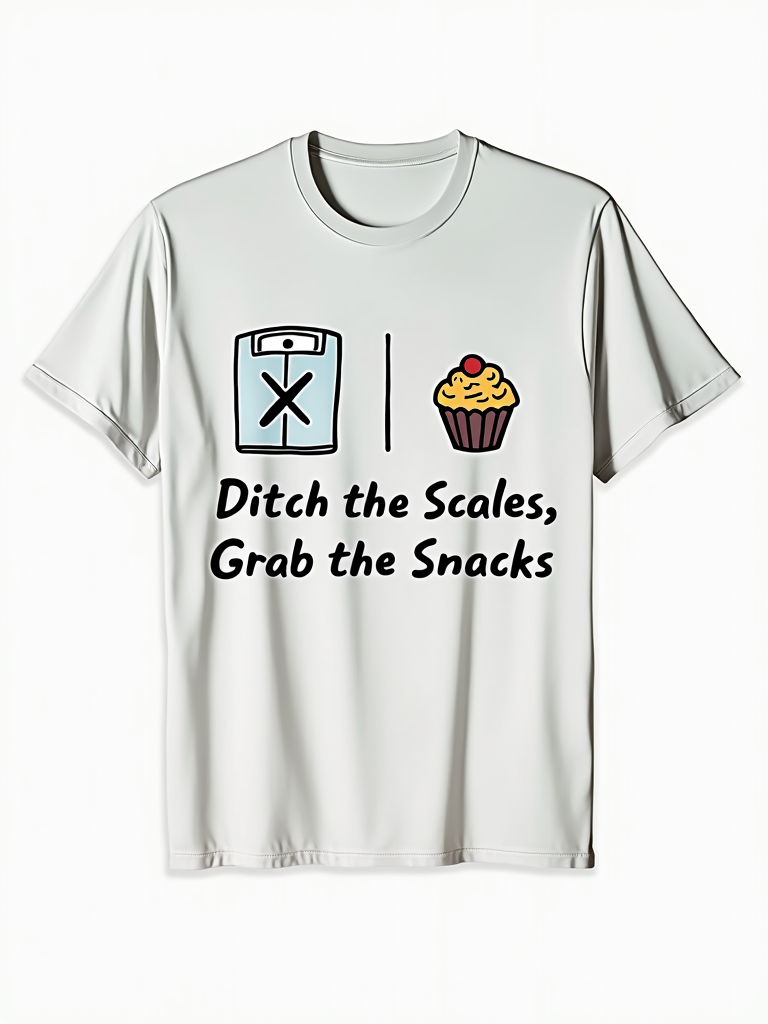 A minimalist design with a stylised, crossed-out bathroom scale icon on one side, and a simple, inviting icon of a popular snack (e.g., a cupcake or a handful of fries) on the other. The slogan 'Ditch the Scales, Grab the Snacks' is positioned cleanly between or below them.