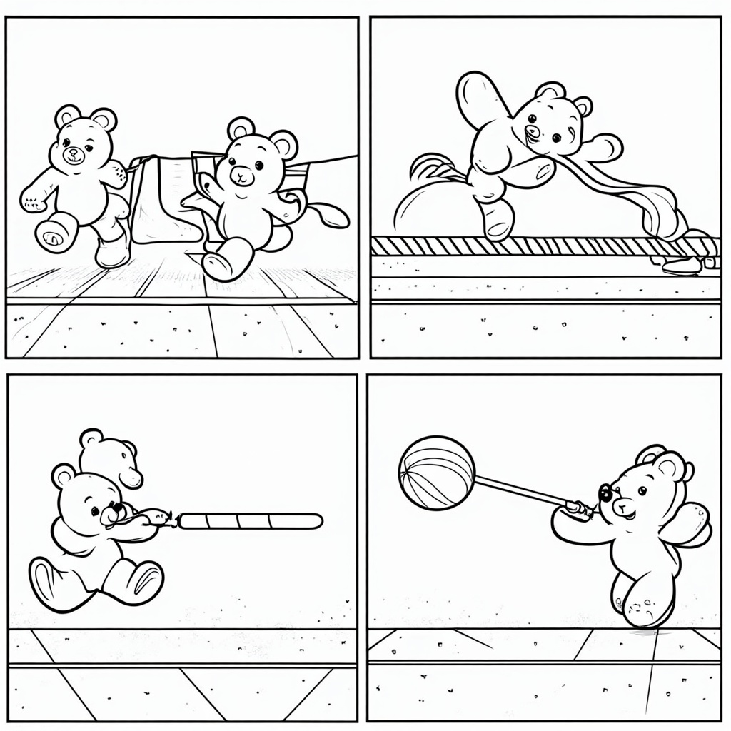 Gummy Track & Field Stars: A dynamic split-page layout. One section shows gummy bears racing towards a finish line made of licorice strips. Another section features a high-jumping gummy soaring over a candy cane bar, and a third shows a determined gummy bear shot-putting a large gumball.