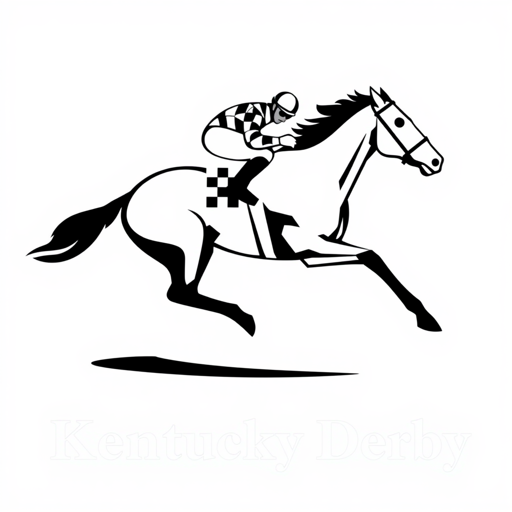 Simple Logo Idea: A stylized silhouette of a racehorse and jockey at full gallop. The jockey's silks feature a bold, recognizable pattern (e.g., large checkerboard or stripes) that subtly transitions into a series of sleek, forward-sweeping lines representing speed. The Kentucky Derby name would be in a classic yet strong typeface below.