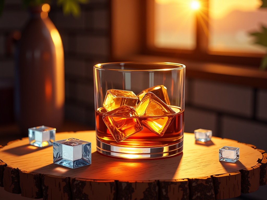  a glass of whiskey with ice cubes on a wooden table. The glass is filled with a golden-brown liquid, likely whiskey, and the ice cubes are arranged in a neat pile. The table is made of a tree stump with a few small cubes scattered around it. In the background, there is a window with a view of a sunset or sunrise. The overall mood of the image is warm and cozy, with a hint of orange and yellow from the setting sun.