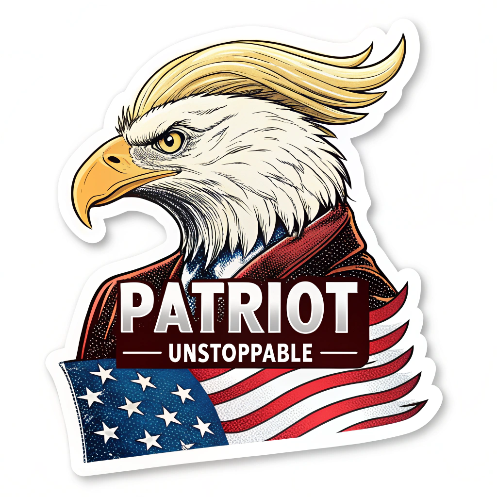 A sticker displaying an American eagle with Trump's distinctive hairstyle, with a slogan like 'Patriot' or 'Unstoppable'.