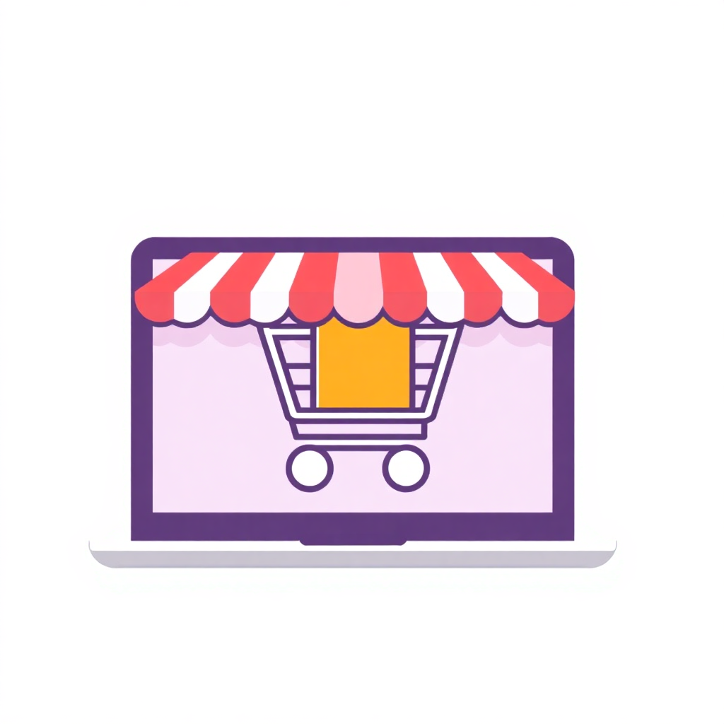 The image is an illustration of a laptop with a shopping cart on the screen. The laptop is open and the screen is purple in color. The shopping cart is in the center of the laptop screen and has a red and white striped awning on top. The cart has a yellow box in the middle and two wheels at the bottom. The background is white. The image is flat and minimalistic.