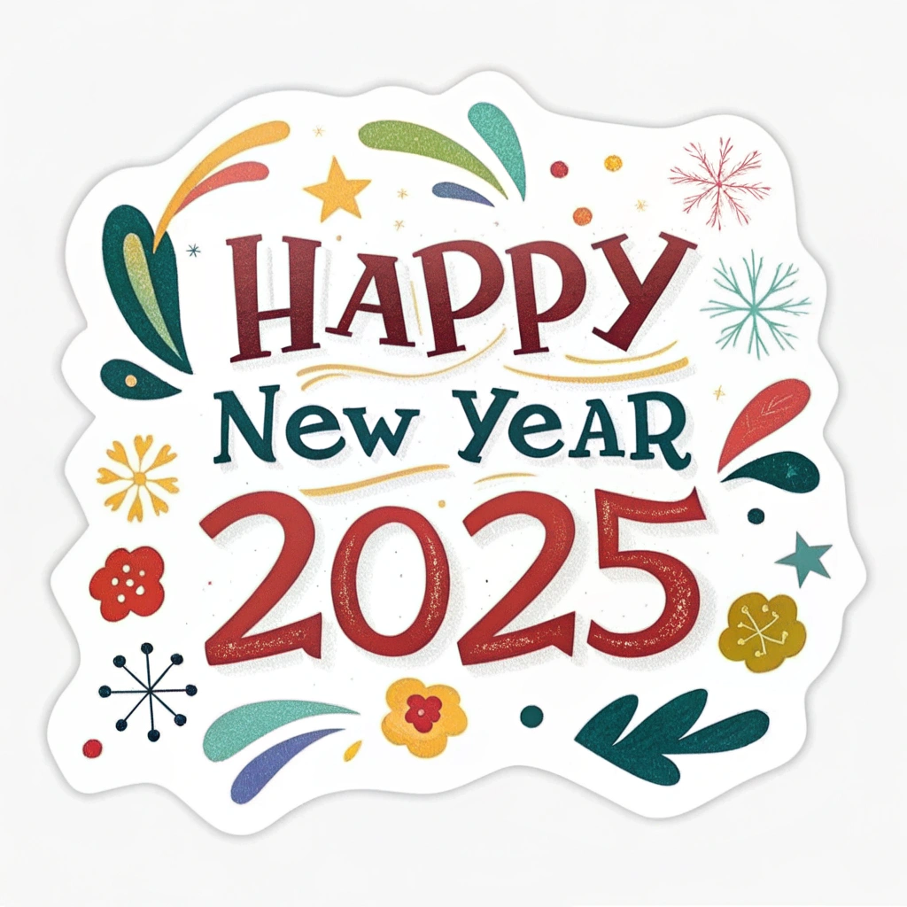 The image shows a white background with a sticker that reads Happy New Year 2025 in bold, colorful lettering. The sticker is decorated with festive designs, such as stars, snowflakes, and holly leaves, to celebrate the start of a new year.