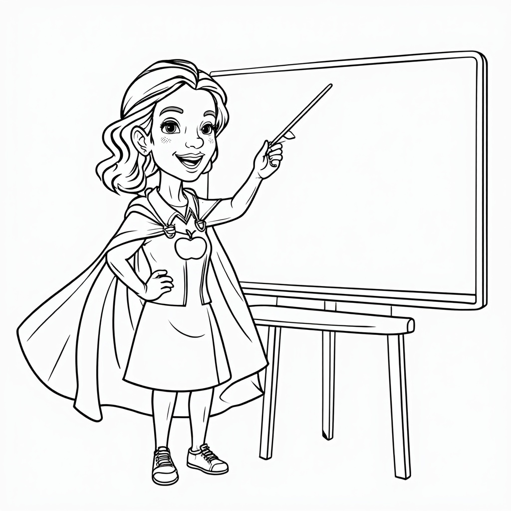 A friendly teacher standing in front of a chalkboard, wearing a flowing superhero cape with an apple emblem, holding a pointer.