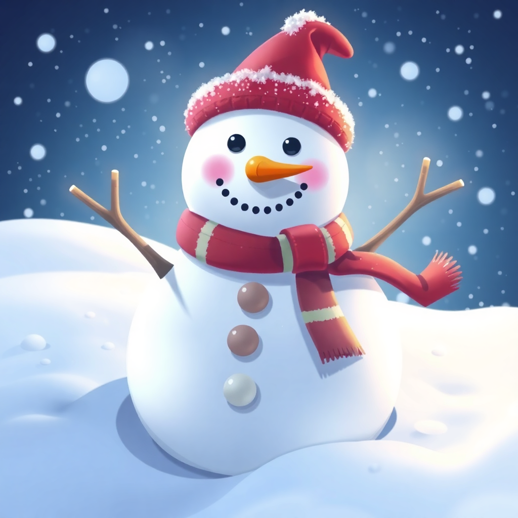 The image shows a snowman wearing a red hat and scarf standing in the snow. The snowman is surrounded by a blanket of white snow, and the background is a deep blue. The image is animated, giving it a lively and festive feel.