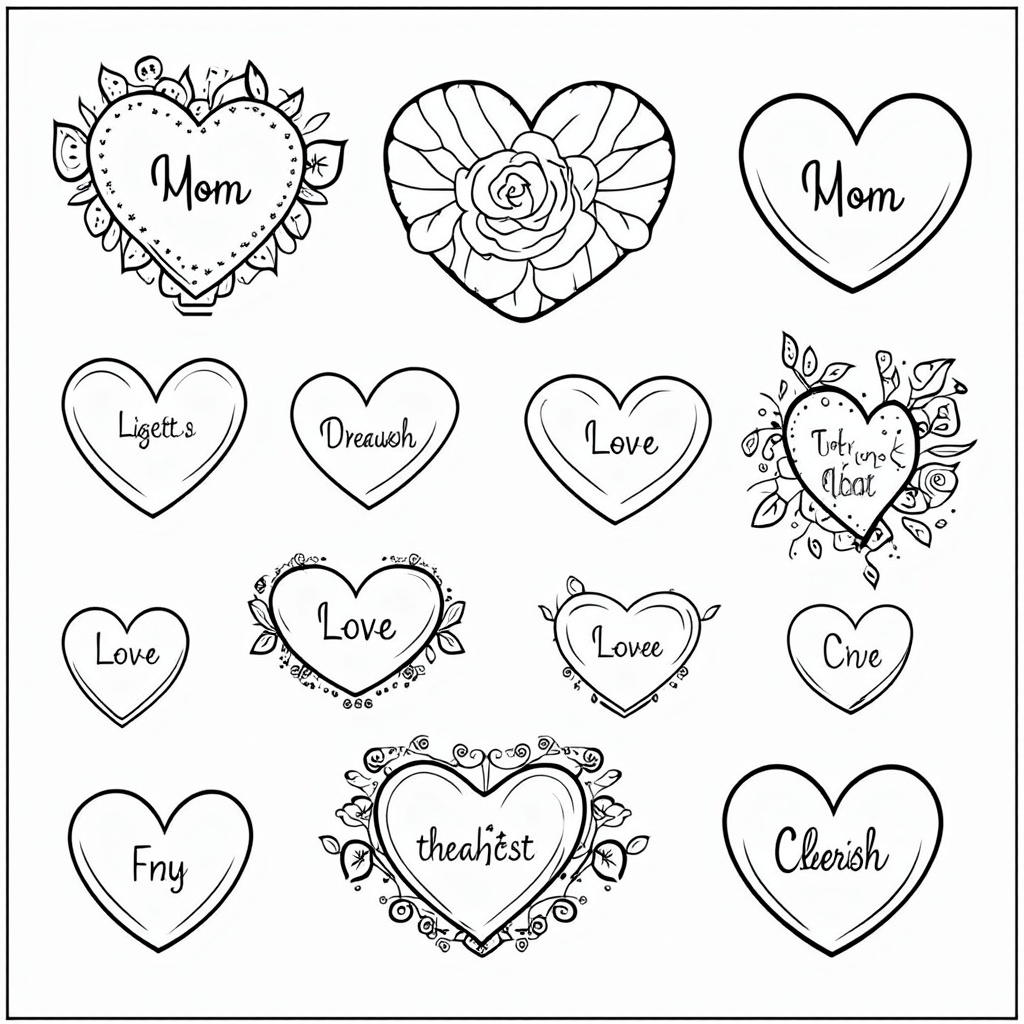 A page showcasing a collection of different-sized hearts, each uniquely decorated with floral motifs (e.g., a heart made of rose petals, a heart with vine-like flowers growing around it). One or two hearts could contain short sentimental phrases or loving words like 'Mom,' 'Love,' 'Cherish'.