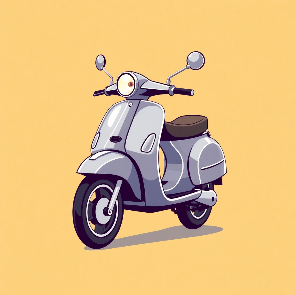 The image is a digital illustration of a scooter. The scooter is light grey in color with a black seat and handlebars. It has two round mirrors on either side of the handlebars and a small headlight in the center. The front wheel is black with a silver hubcap. The background is a solid yellow color. The overall style of the illustration is simple and minimalistic.