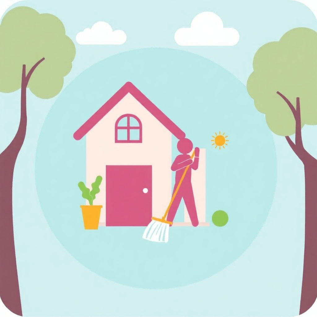 The image is an illustration of a person cleaning a house. The house is pink with a red roof and has a small window on the front. The person is holding a broom and is sweeping the floor in front of the house. There is a potted plant on the left side of the image and two trees on the right side. The background is a light blue sky with white clouds. The sun is shining brightly in the top right corner.