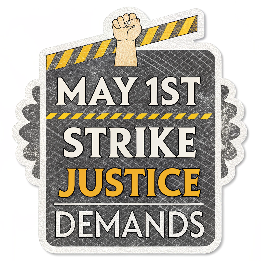 Design 5: A typography-focused sticker where 'MAY 1ST' is the dominant visual element. Words like 'STRIKE', 'JUSTICE', and 'DEMANDS' are interwoven, used as a background texture, or set in contrasting bold fonts. Color scheme: Industrial grays with a single vibrant protest color like safety yellow or bright orange.