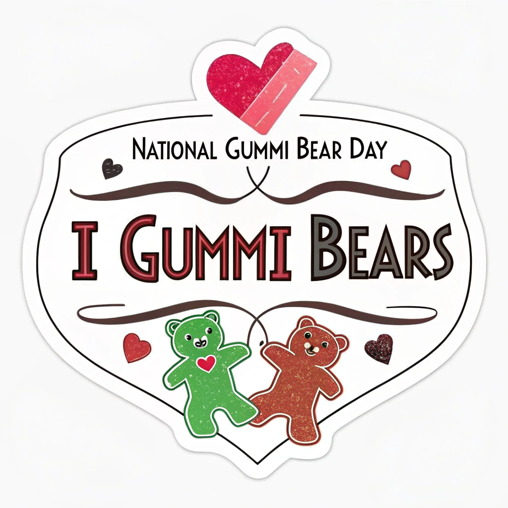 Typographic Love Sticker: A creative typographic design where the core message is 'I ❤ Gummi Bears'. The heart symbol (❤) itself is the prominent 'National Day Heart', possibly stylized with gummi bear textures or outlines. 'National Gummi Bear Day' is incorporated as supporting text, perhaps in a banner or circle around the main phrase.