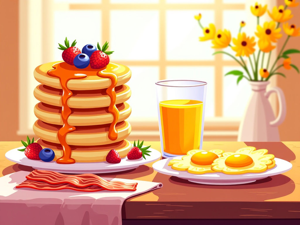  a breakfast scene in a kitchen. On the left side of the image, there is a stack of pancakes with syrup and fresh berries on top. The pancakes are golden brown and appear to be freshly made. Next to the stack, there are two plates with fried eggs and bacon. In the center of the table, there has a glass of orange juice. The table is covered with a pink tablecloth and there are yellow flowers in a vase on the right side. The background shows a window with white curtains.